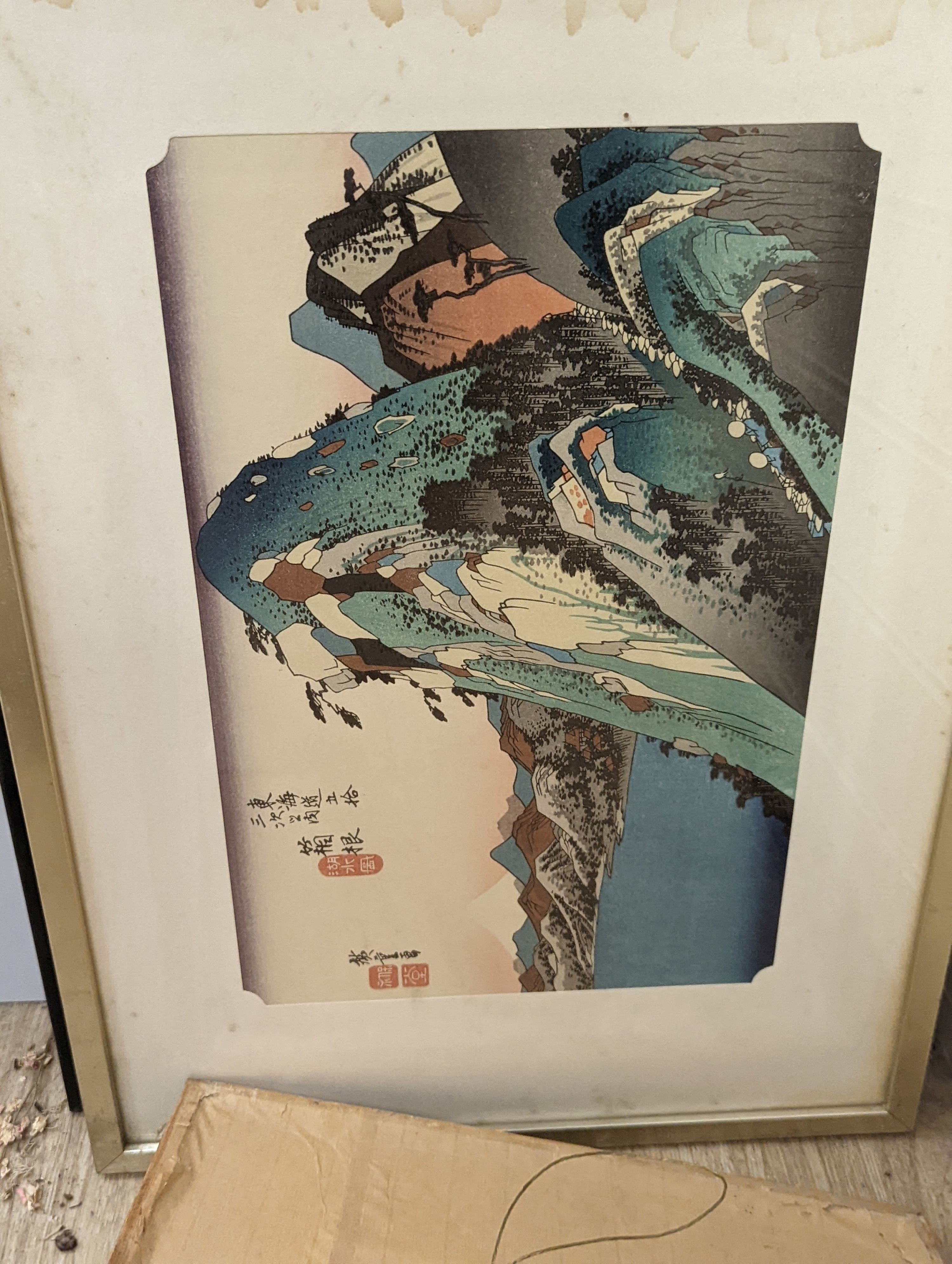 Hiroshige, woodblock print, 'Southern Shower over Shin-Ohashi Bridge', 36 x 24cm, and eight other assorted woodblock prints.